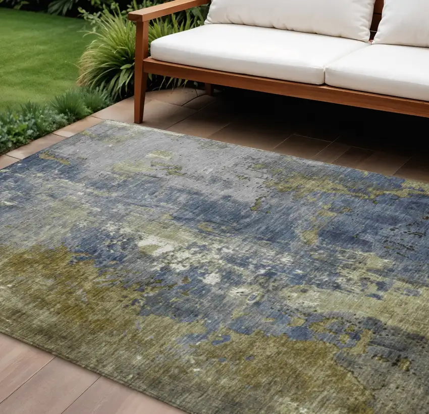 Khaki And Denim Blue Abstract Washable Indoor Outdoor Area Rug Photo 2