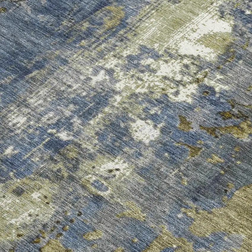 Khaki And Denim Blue Abstract Washable Indoor Outdoor Area Rug Photo 3