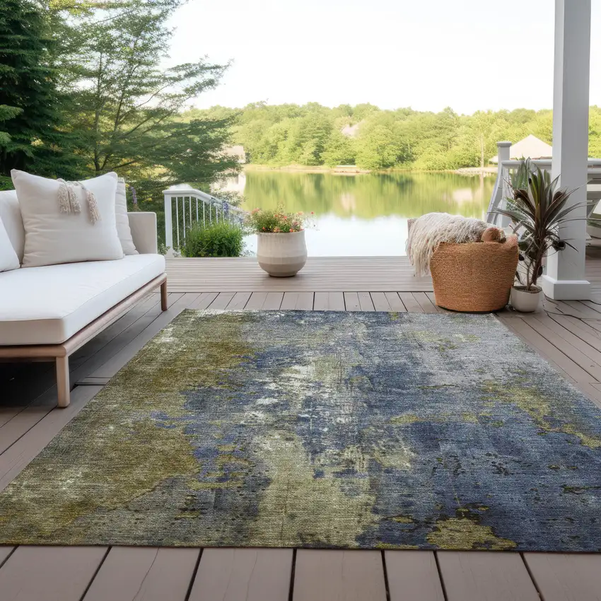 Khaki And Denim Blue Abstract Washable Indoor Outdoor Area Rug Photo 4