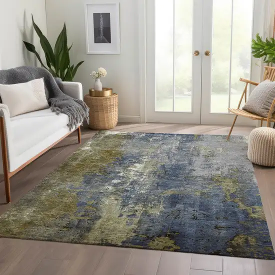 Khaki And Denim Blue Abstract Washable Indoor Outdoor Area Rug Photo 6