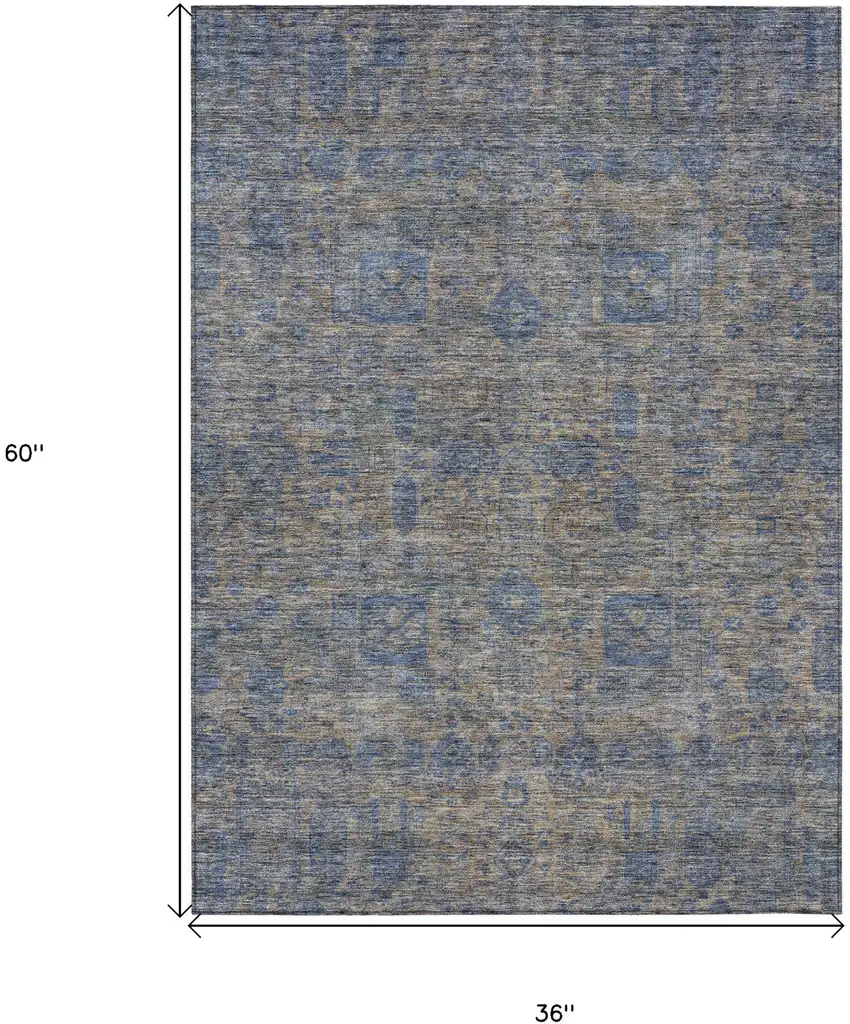 Khaki And Denim Blue Oriental Washable Indoor Outdoor Area Rug Photo 3