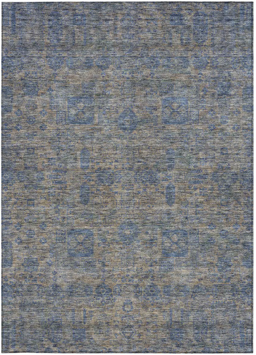 Khaki And Denim Blue Oriental Washable Indoor Outdoor Area Rug Photo 5