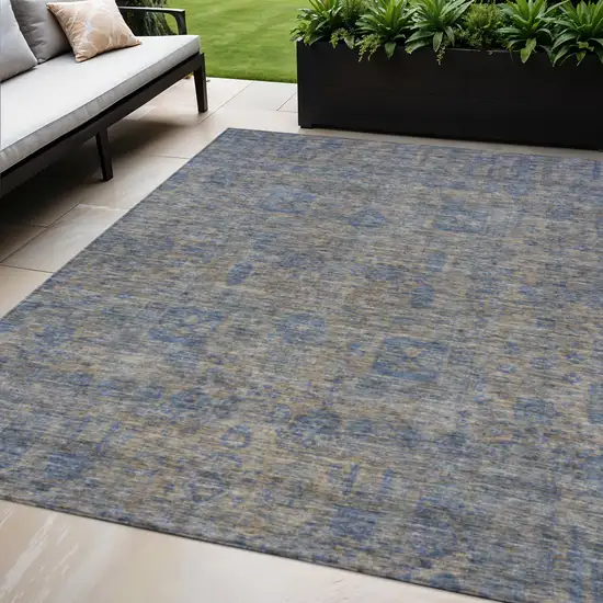 Khaki And Denim Blue Oriental Washable Indoor Outdoor Area Rug Photo 1
