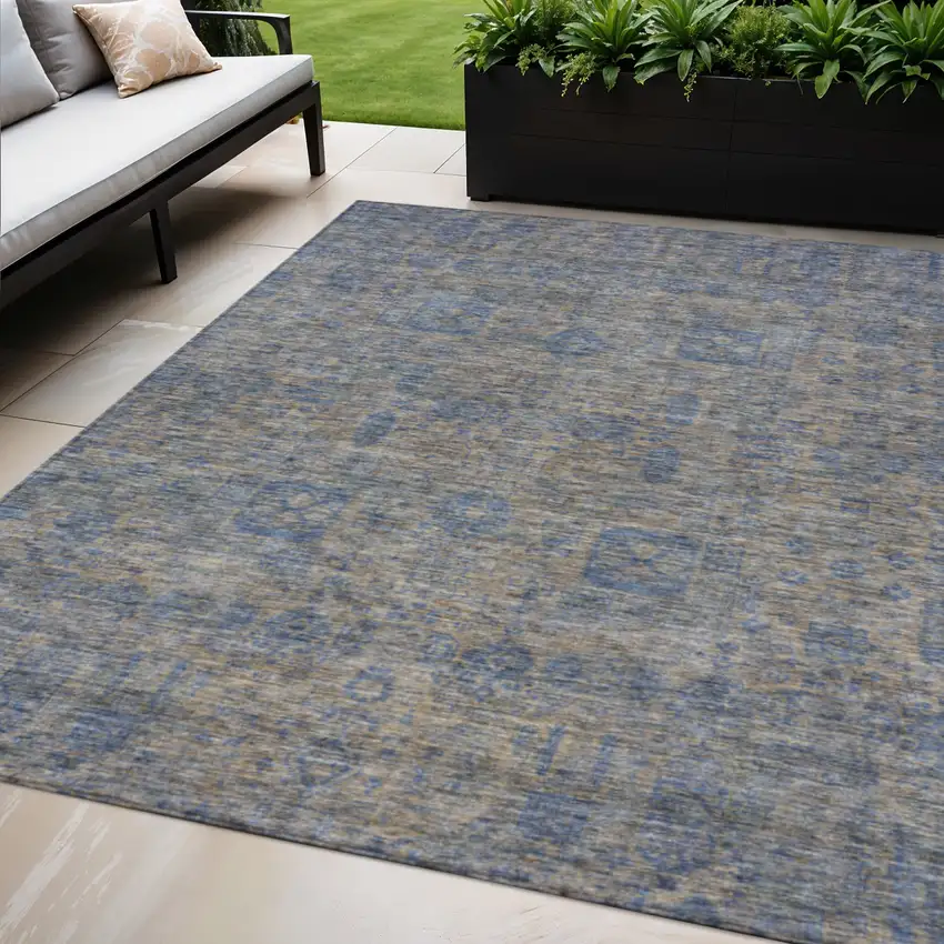 Khaki And Denim Blue Oriental Washable Indoor Outdoor Area Rug Photo 1