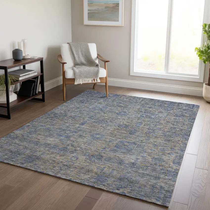 Khaki And Denim Blue Oriental Washable Indoor Outdoor Area Rug Photo 7