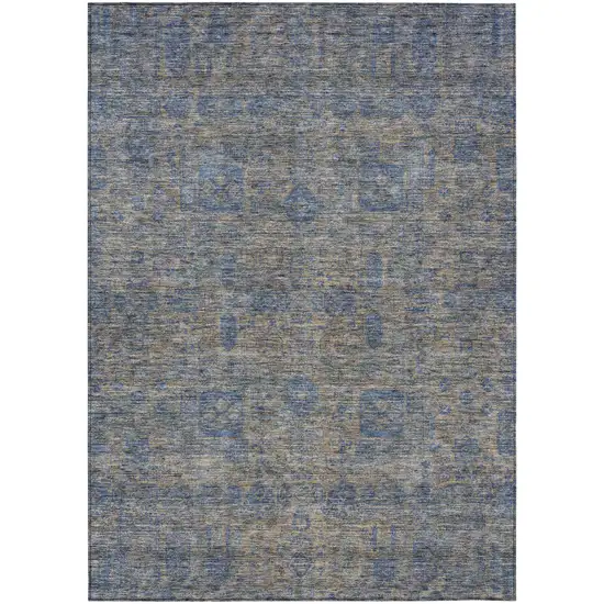 Khaki And Denim Blue Oriental Washable Indoor Outdoor Area Rug Photo 1