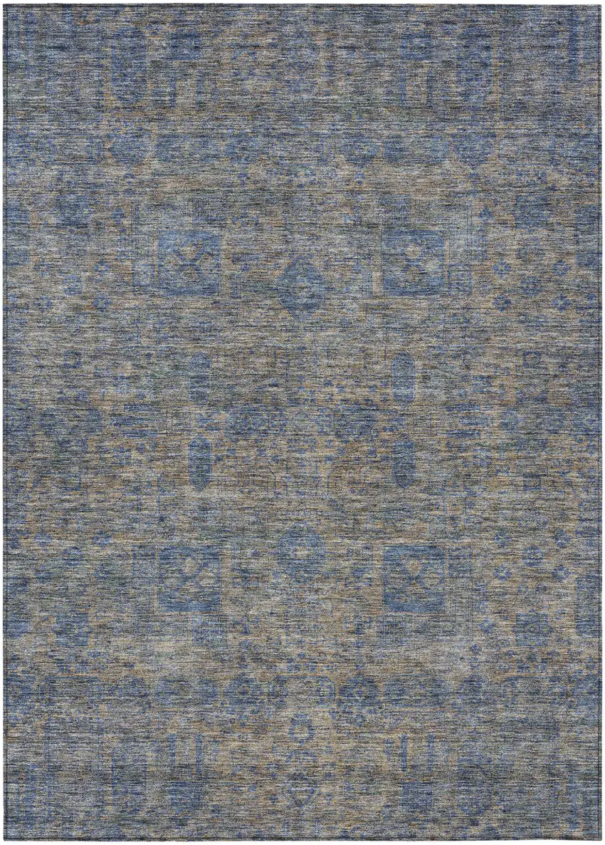 Khaki And Denim Blue Oriental Washable Indoor Outdoor Area Rug Photo 1