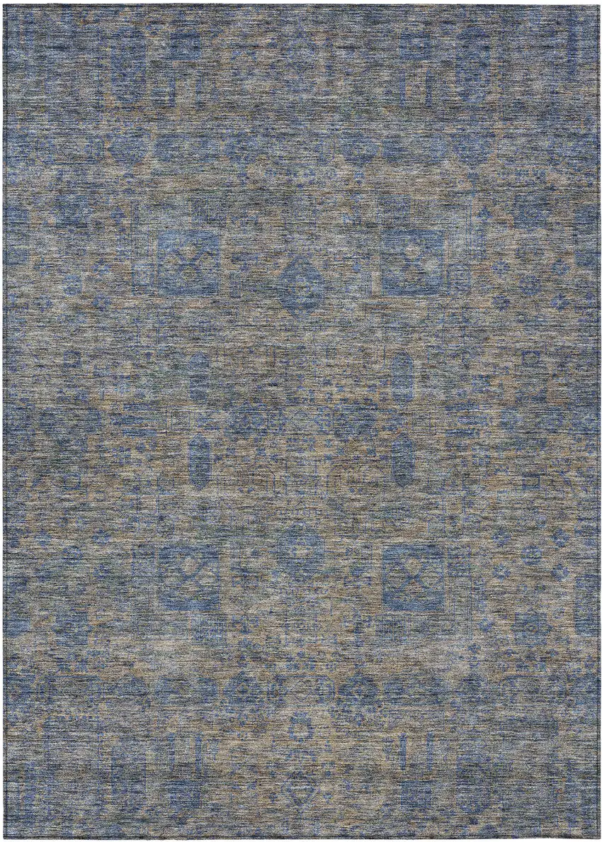 Khaki And Denim Blue Oriental Washable Indoor Outdoor Area Rug Photo 1