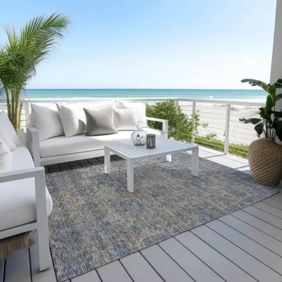 Khaki And Denim Blue Oriental Washable Indoor Outdoor Area Rug Photo 6