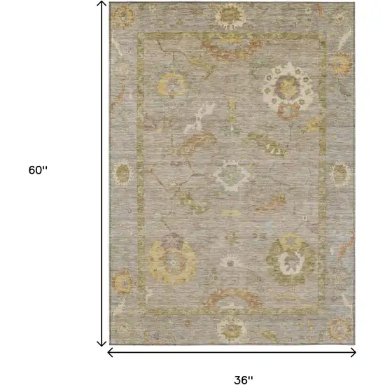 Khaki And Gold Floral Medallion Washable Indoor Outdoor Area Rug Photo 3