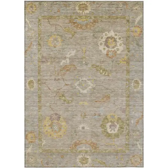 Khaki And Gold Floral Medallion Washable Indoor Outdoor Area Rug Photo 2