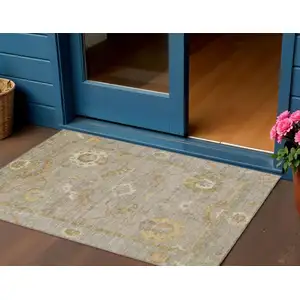 Photo of Khaki And Gold Floral Medallion Washable Indoor Outdoor Area Rug