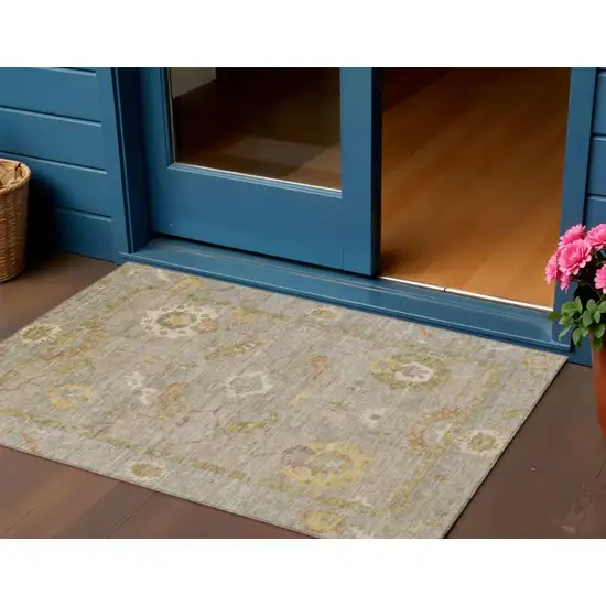 Khaki And Gold Floral Medallion Washable Indoor Outdoor Area Rug Photo 1