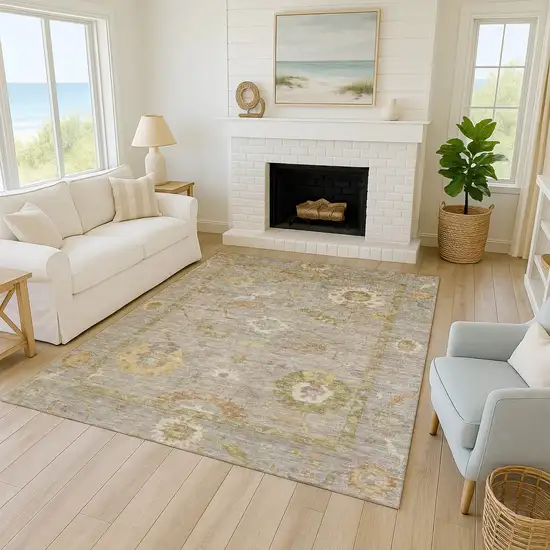 Khaki And Gold Floral Medallion Washable Indoor Outdoor Area Rug Photo 9