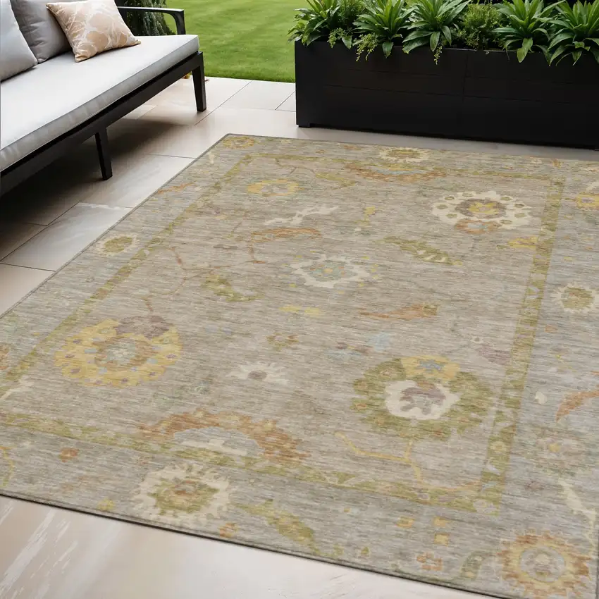 Khaki And Gold Floral Medallion Washable Indoor Outdoor Area Rug Photo 1