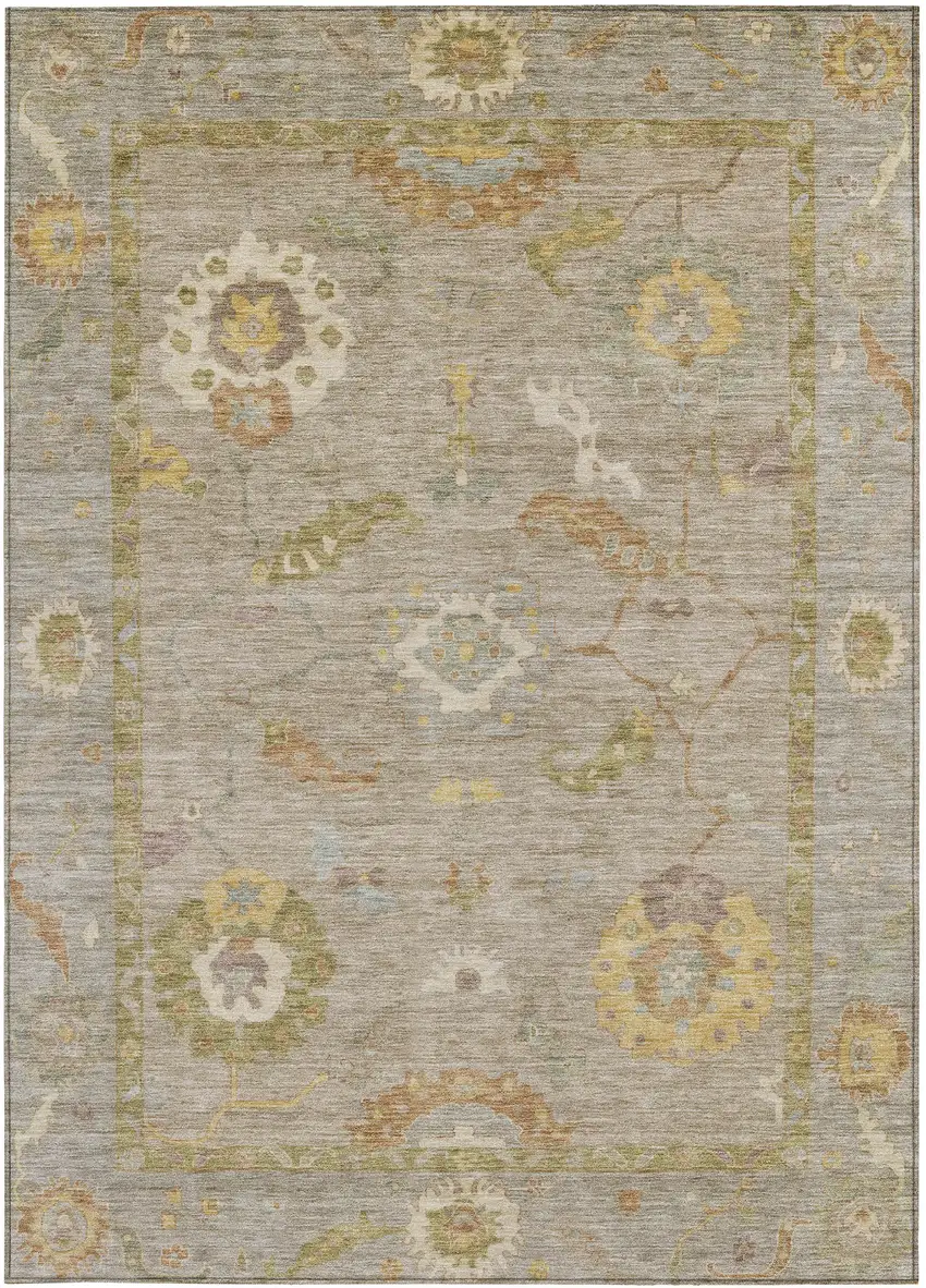 Khaki And Gold Floral Medallion Washable Indoor Outdoor Area Rug Photo 4