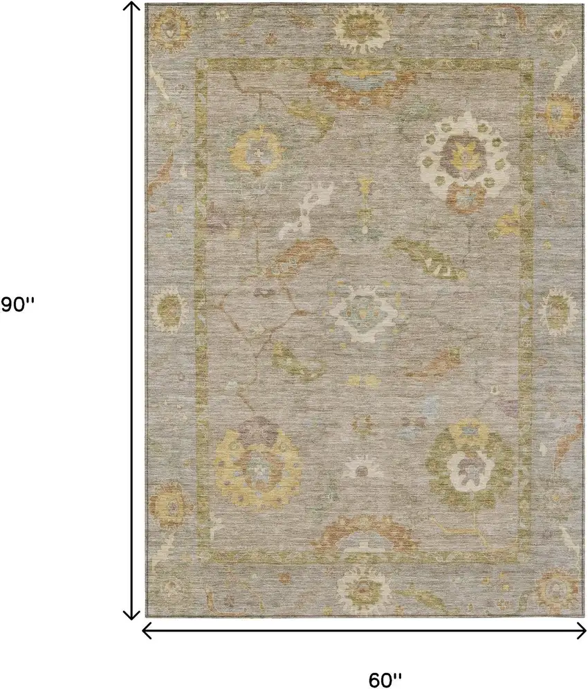 Khaki And Gold Floral Medallion Washable Indoor Outdoor Area Rug Photo 3
