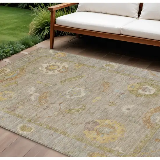 Khaki And Gold Floral Medallion Washable Indoor Outdoor Area Rug Photo 1
