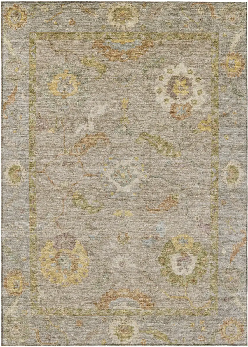 Khaki And Gold Floral Medallion Washable Indoor Outdoor Area Rug Photo 2