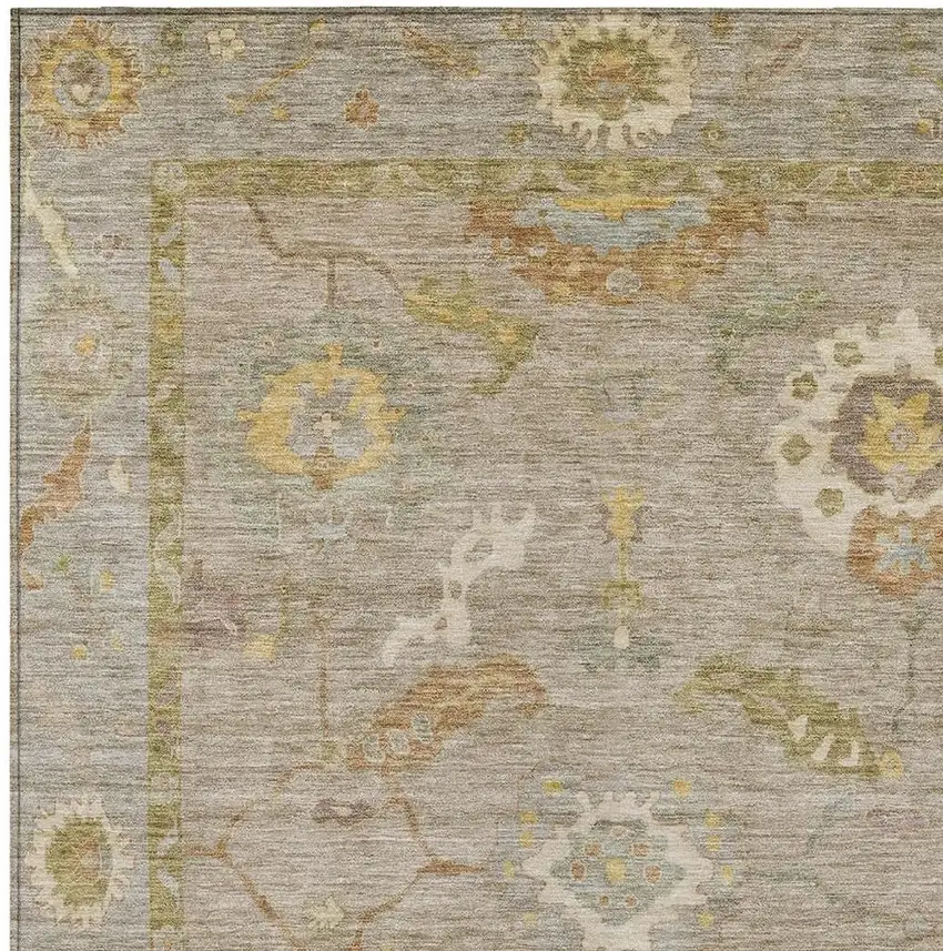 Khaki And Gold Floral Medallion Washable Indoor Outdoor Area Rug Photo 7