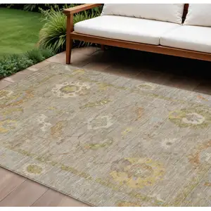Photo of Khaki And Gold Floral Medallion Washable Indoor Outdoor Area Rug
