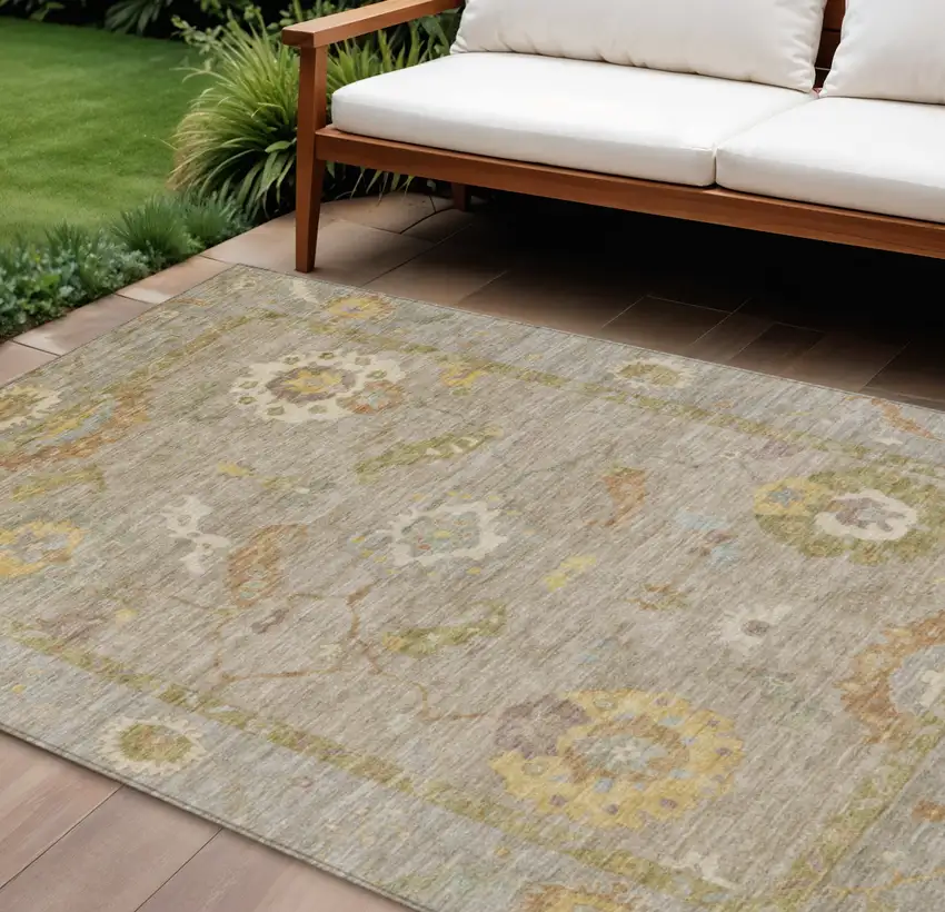 Khaki And Gold Floral Medallion Washable Indoor Outdoor Area Rug Photo 1