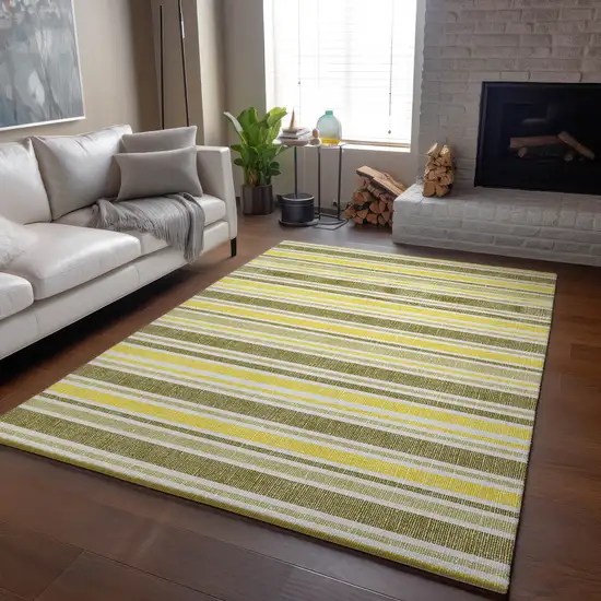 Khaki And Gold Striped Washable Area Rug With UV Protection Photo 5
