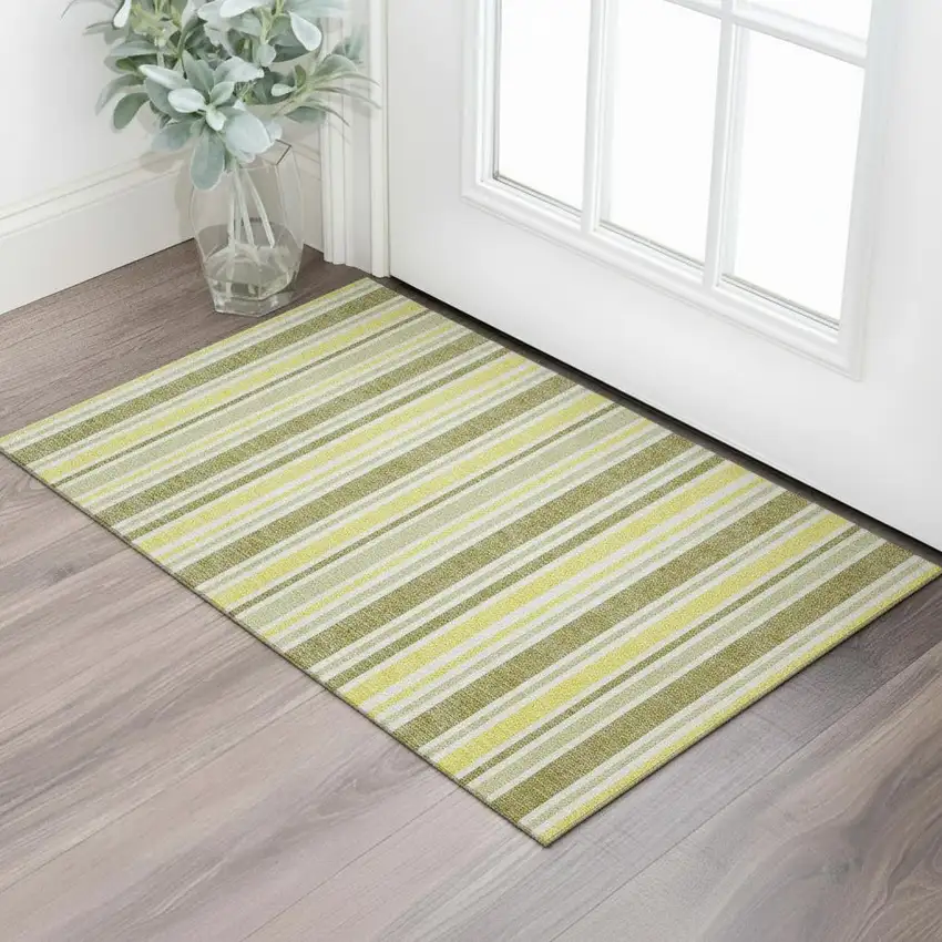 Khaki And Gold Striped Washable Area Rug With UV Protection Photo 1