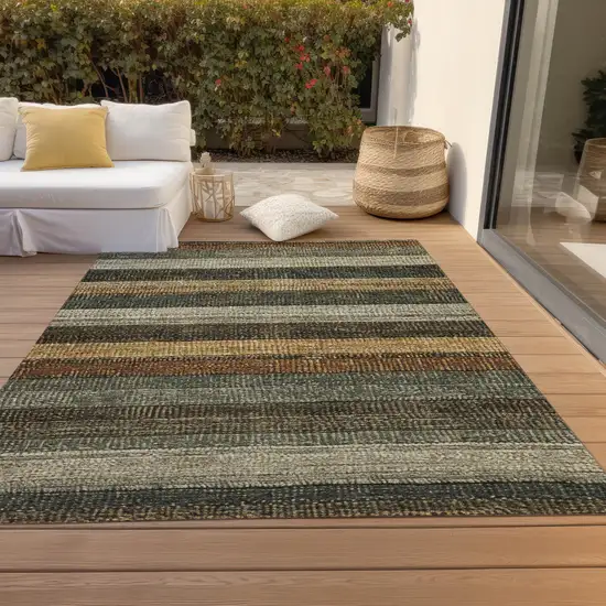 Khaki And Gold Striped Washable Indoor Outdoor Area Rug Photo 8