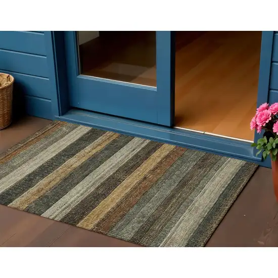 Khaki And Gold Striped Washable Indoor Outdoor Area Rug Photo 2