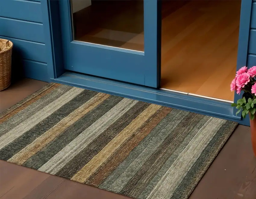 Khaki And Gold Striped Washable Indoor Outdoor Area Rug Photo 2