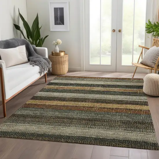 Khaki And Gold Striped Washable Indoor Outdoor Area Rug Photo 7