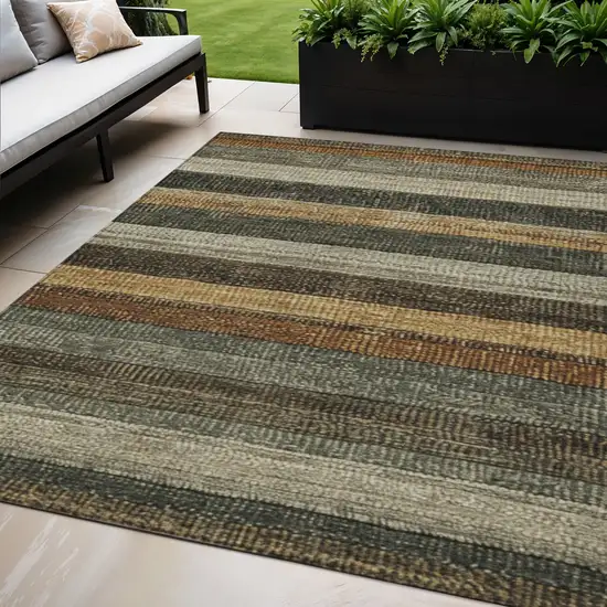 Khaki And Gold Striped Washable Indoor Outdoor Area Rug Photo 2