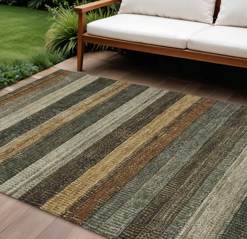 Khaki And Gold Striped Washable Indoor Outdoor Area Rug Photo 2