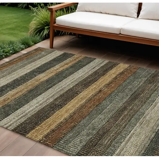 Khaki And Gold Striped Washable Indoor Outdoor Area Rug Photo 2