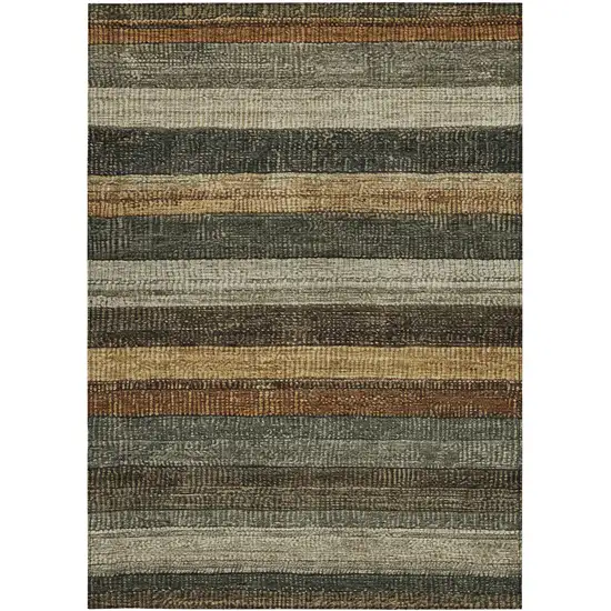 Khaki And Gold Striped Washable Indoor Outdoor Area Rug Photo 1
