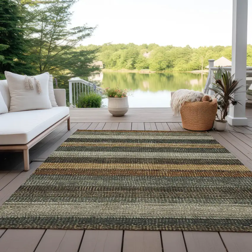 Khaki And Gold Striped Washable Indoor Outdoor Area Rug Photo 5