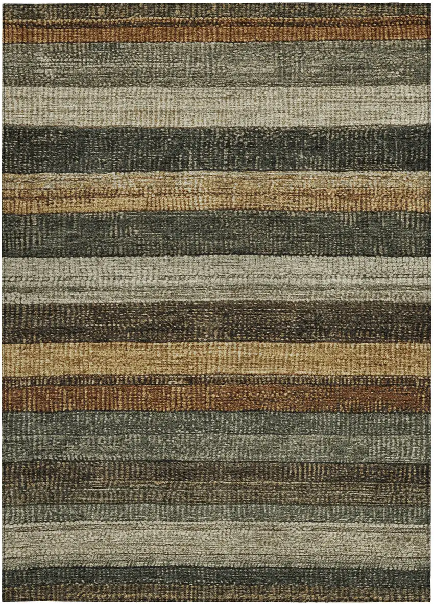 Khaki And Gold Striped Washable Indoor Outdoor Area Rug Photo 1