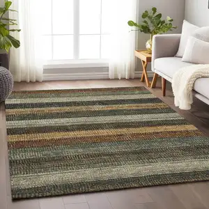 Photo of Khaki And Gold Striped Washable Indoor Outdoor Area Rug
