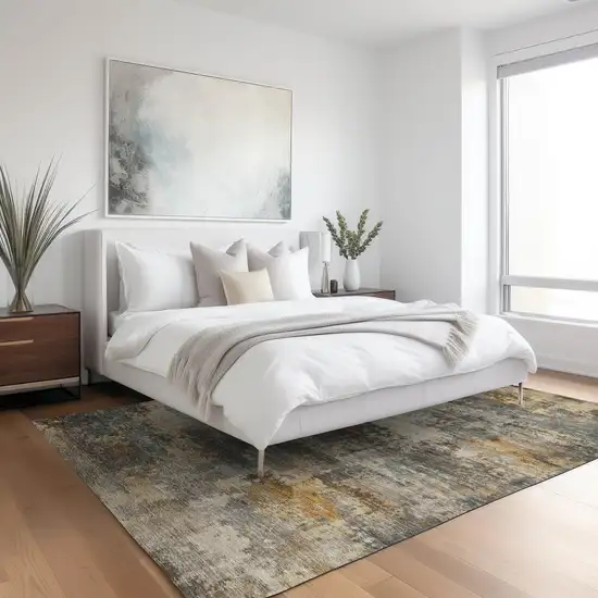 Khaki And Gray Abstract Washable Indoor Outdoor Area Rug Photo 4