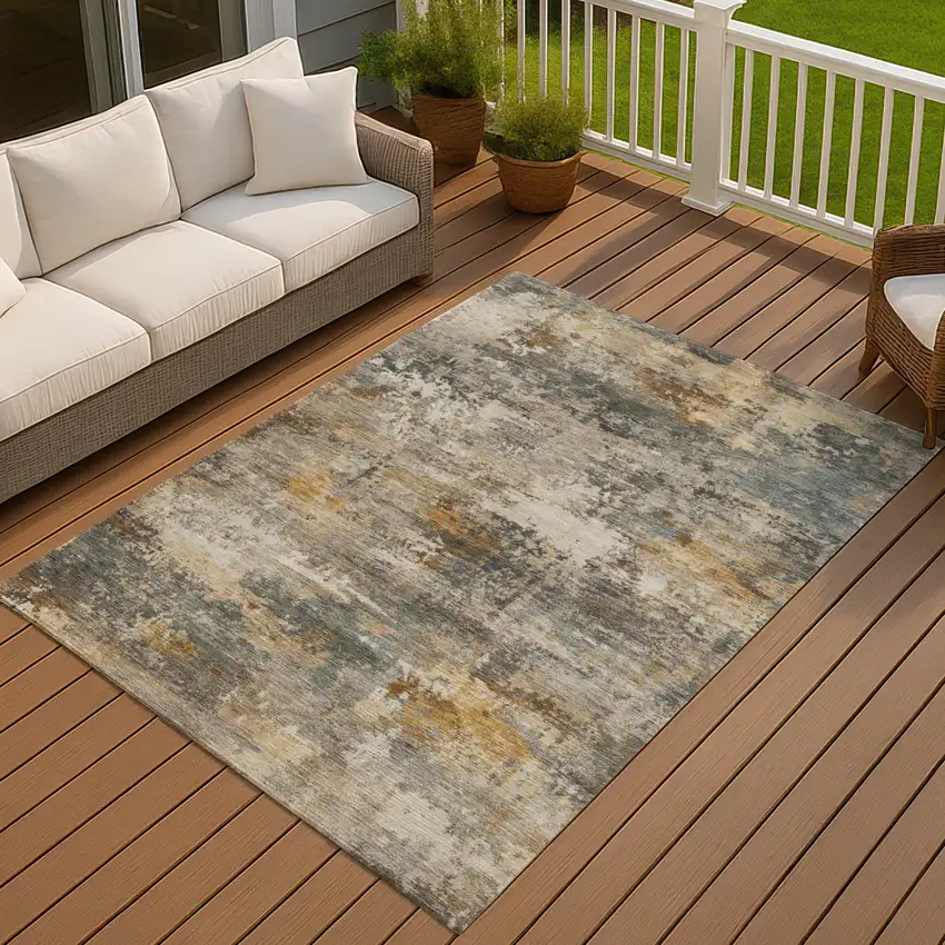 Khaki And Gray Abstract Washable Indoor Outdoor Area Rug Photo 2