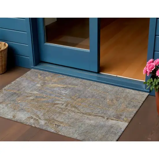 Khaki And Gray Botanical Leaves Washable Indoor Outdoor Area Rug Photo 2
