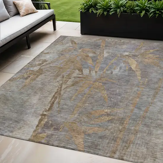 Khaki And Gray Botanical Leaves Washable Indoor Outdoor Area Rug Photo 2