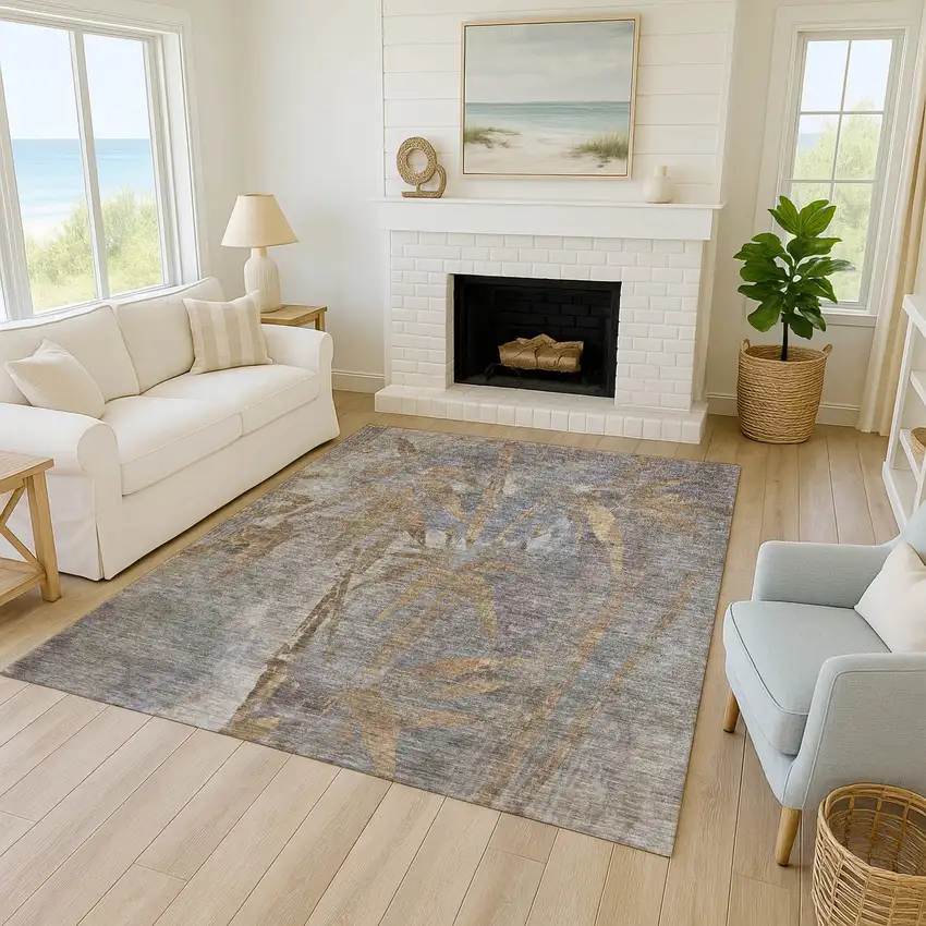 Khaki And Gray Botanical Leaves Washable Indoor Outdoor Area Rug Photo 8