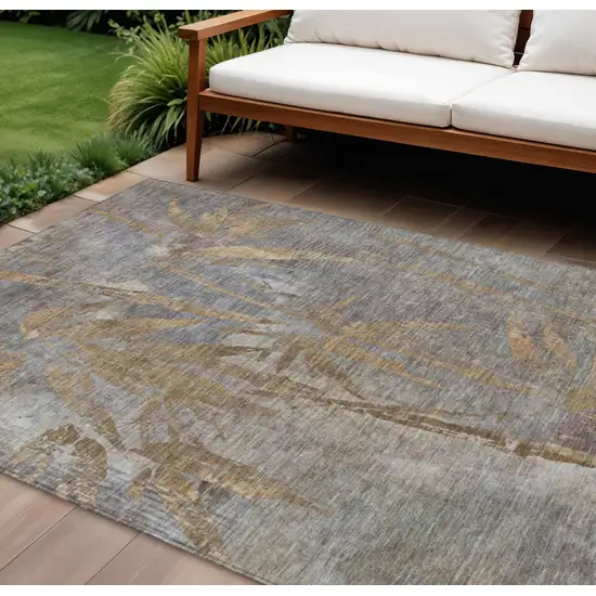 Khaki And Gray Botanical Leaves Washable Indoor Outdoor Area Rug Photo 2