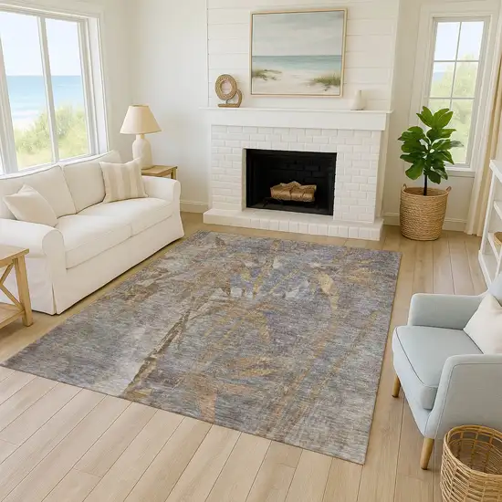 Khaki And Gray Botanical Leaves Washable Indoor Outdoor Area Rug Photo 8