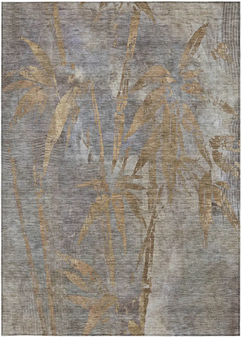 Khaki And Gray Botanical Leaves Washable Indoor Outdoor Area Rug Photo 4
