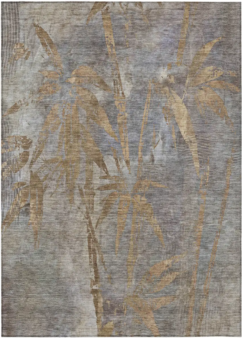 Khaki And Gray Botanical Leaves Washable Indoor Outdoor Area Rug Photo 1