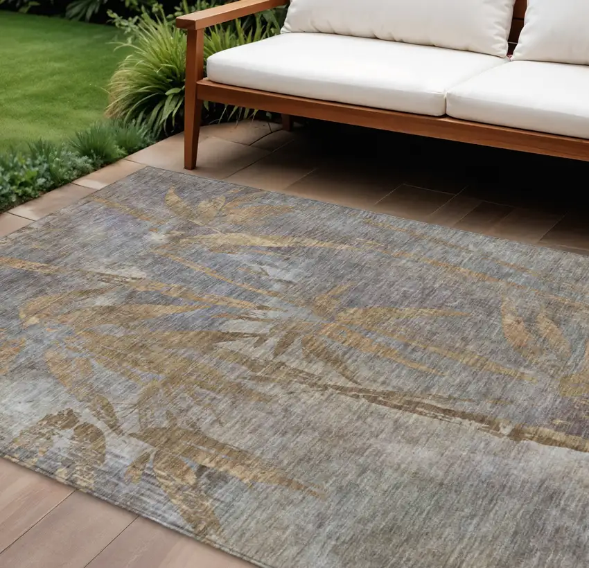 Khaki And Gray Botanical Leaves Washable Indoor Outdoor Area Rug Photo 2