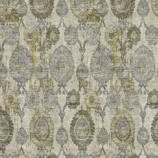 Khaki And Gray Damask Washable Area Rug With UV Protection Photo 3
